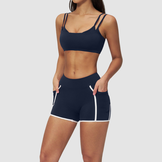 Wholesale Naked-Feel Stripe-Detail Sports Bra & High-Waist Biker Shorts Set – Sculpting Yoga 2-Piece