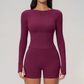 Wholesale Seam-Detail Long-Sleeve Crop Top & High-Waist Biker Shorts Set – Brushed Yoga 2-Piece