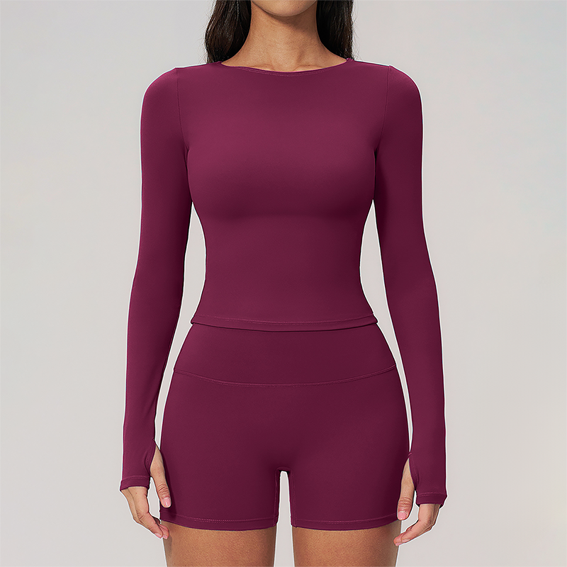 Wholesale Seam-Detail Long-Sleeve Crop Top & High-Waist Biker Shorts Set – Brushed Yoga 2-Piece