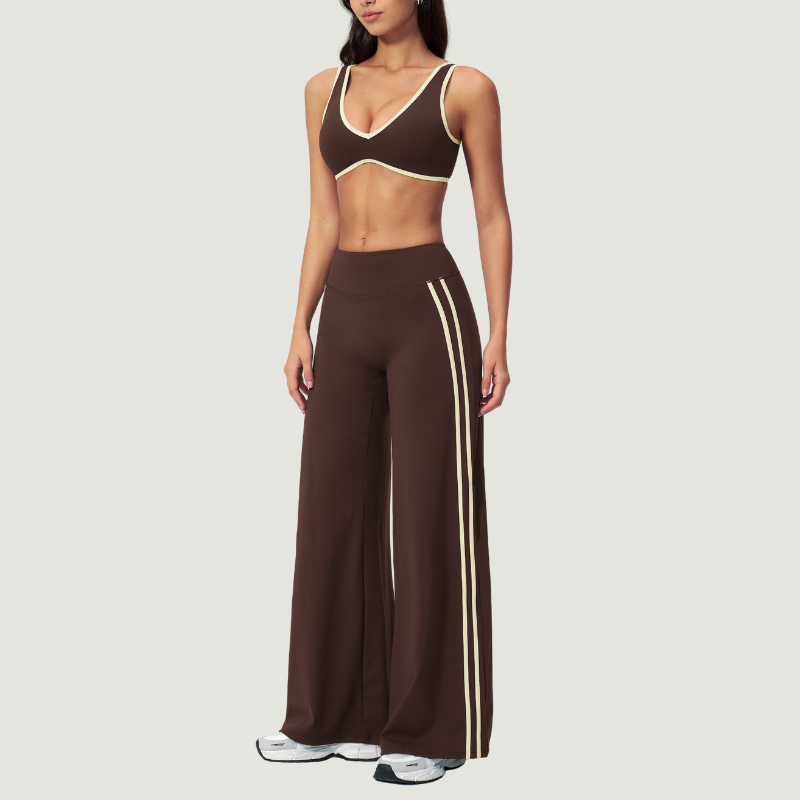 Nude-feel deep V bra + high waist + high-waisted color-blocked pants 2-piece set