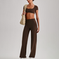 Wholesale Women's Short Sleeve Exposed Back Bra+Naked Feel Straight Leg Pants Yoga Set