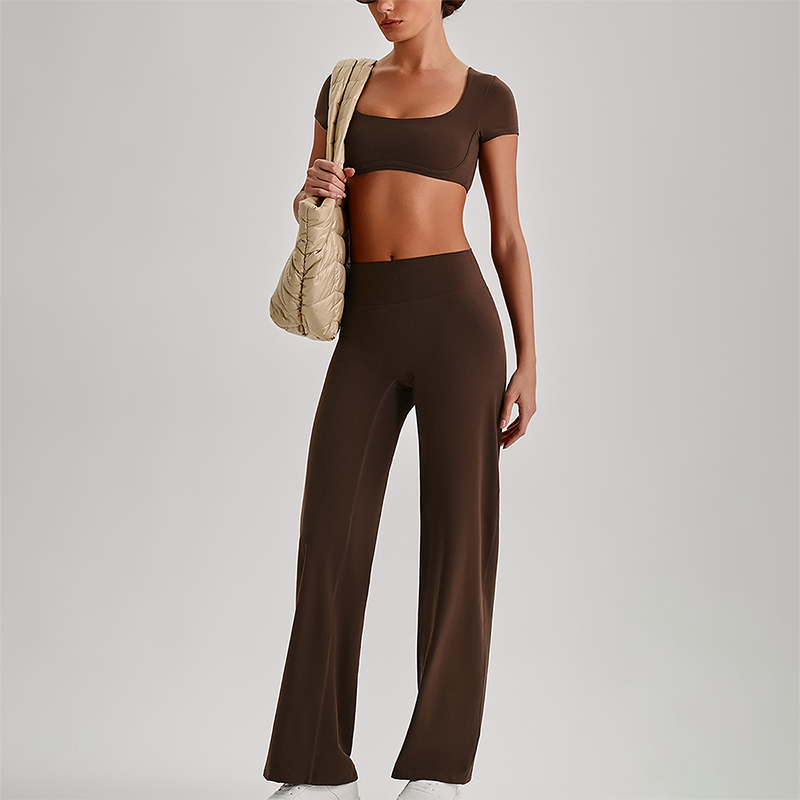Wholesale Women's Short Sleeve Exposed Back Bra+Naked Feel Straight Leg Pants Yoga Set