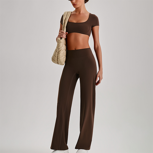 Wholesale Women's Short Sleeve Exposed Back Bra+Naked Feel Straight Leg Pants Yoga Set