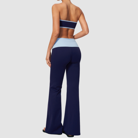 Wholesale Bandeau Contrast Color Flared Yoga Set – Tummy Control Fitness Outfit