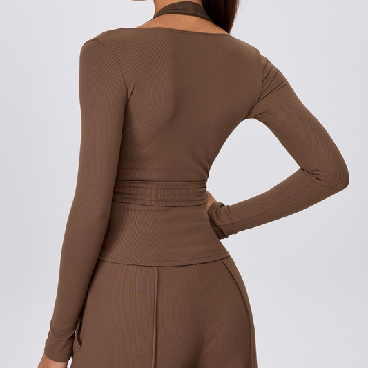 Wholesale Women's Ribbed V-Neck Tie-Front Long-Sleeve Yoga Cardigan