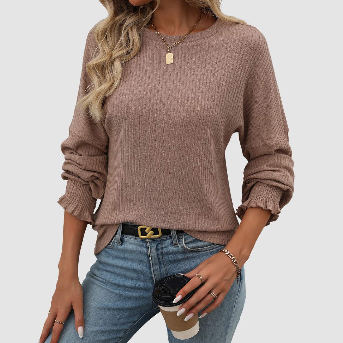 Wholesale Women's Ribbed Long Sleeve T-Shirt – Loose Ruffle-Sleeve Top