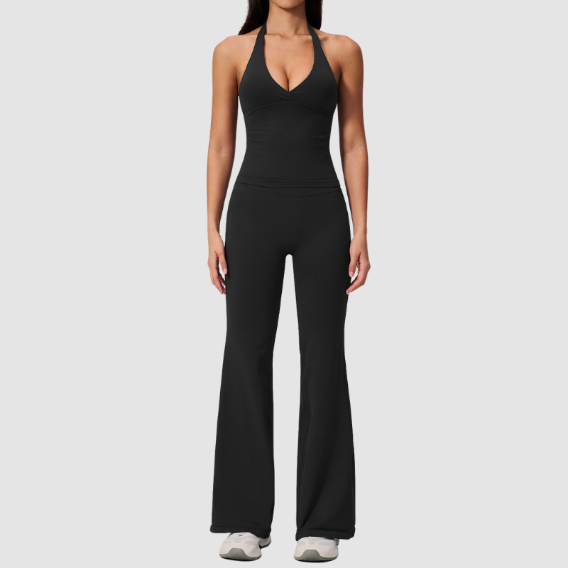 Wholesale Women's V-Neck Halter Sports Bra & Flare Pants Set – Seamless Ribbed Yoga Activewear