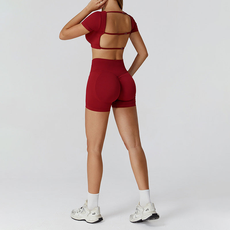 Sports de manga curta sem costura top + shorts de cintura alta