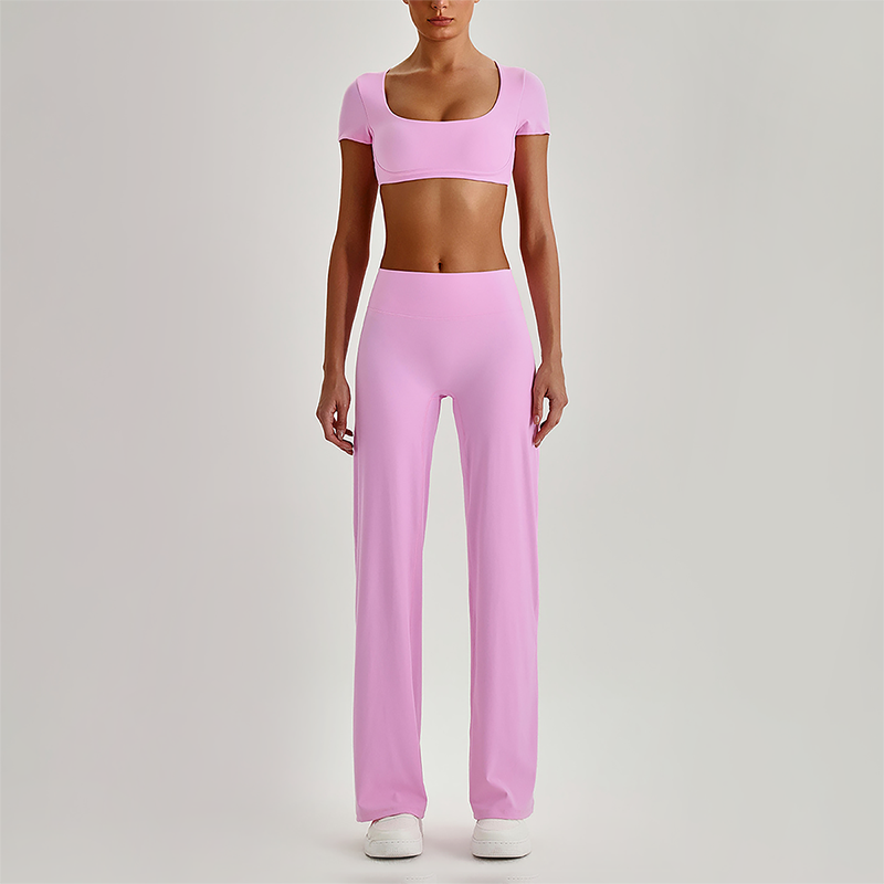 Wholesale Women's Short Sleeve Exposed Back Bra+Naked Feel Straight Leg Pants Yoga Set