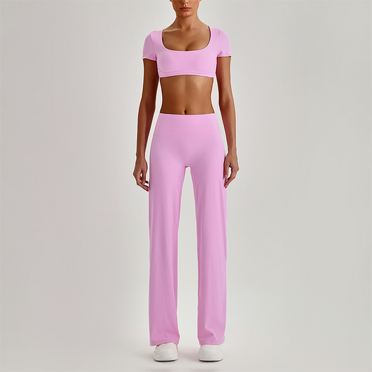 Wholesale Women's Short Sleeve Exposed Back Bra+Naked Feel Straight Leg Pants Yoga Set