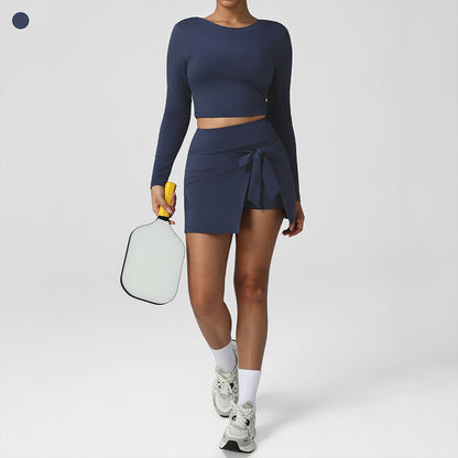 Wholesale lace-up long-sleeved top + faux two-piece skirt pants