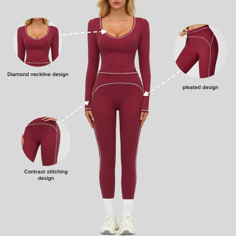 Color-blocked long-sleeved sports top+High waisted leggings 2-piece set