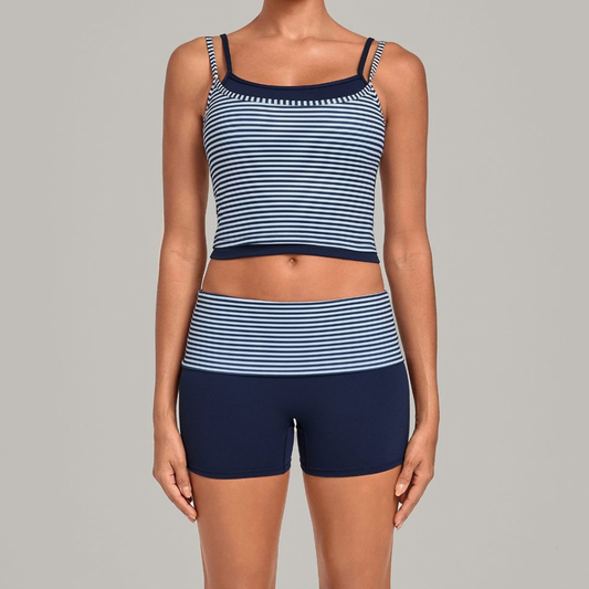 Wholesale Women's Retro Print Double-Strap Yoga Vest+High-waist Shorts Two-Piece Set