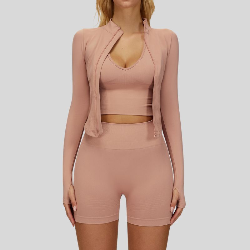 Sujetador de yoga sin costuras + pantalones cortos + set de 3 piezas con chaqueta de cremallera completa de manga larga
