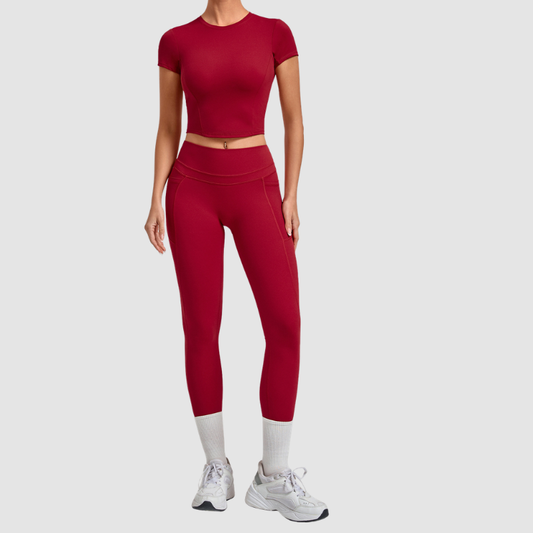 Wholesale Women's Naked-Feel Short Sleeve Top + High-Waist Leggings Set – Peach Lift Yoga Fitness Activewear