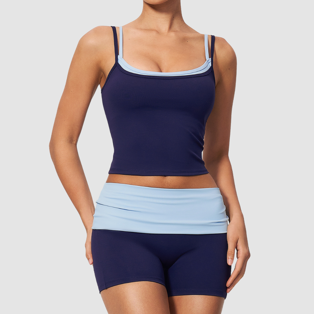 Wholesale Contrast Color Faux Two-Piece Yoga Set – Tummy Control Fitness Outfit