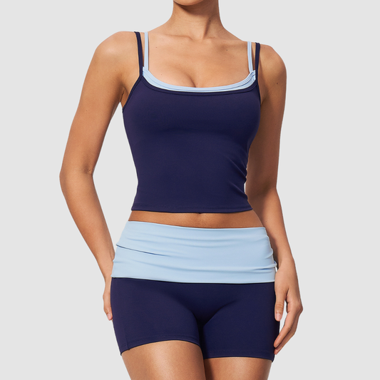 Wholesale Contrast Color Faux Two-Piece Yoga Set – Tummy Control Fitness Outfit