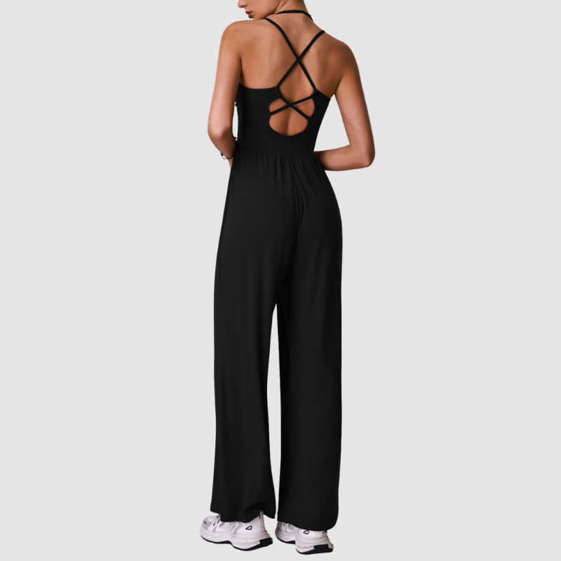 Wholesale Halter-Neck Cutout Open-Back Wide-Leg Jumpsuit with Built-In Bra – Casual Yoga Romper