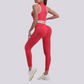A seamless round neck sleeveless zip bra and sports pants two-piece set