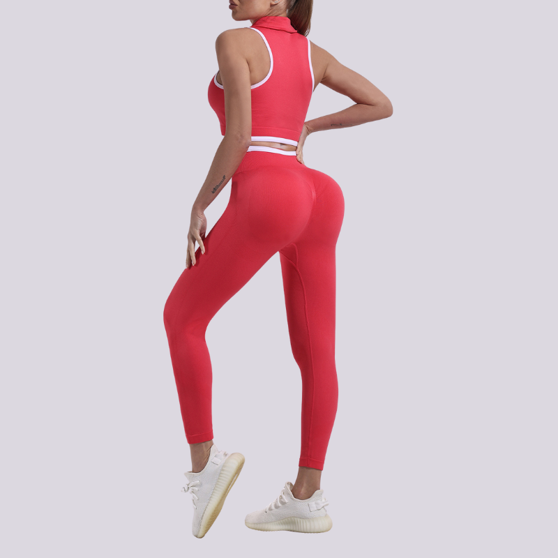A seamless round neck sleeveless zip bra and sports pants two-piece set