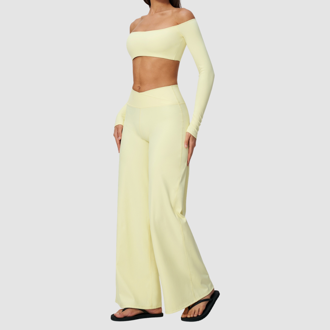 Wholesale Women's Long-Sleeve Tops + Wide-Leg Pants Fitness Two-Piece Set