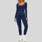 Color-blocked long-sleeved sports top+High waisted leggings 2-piece set