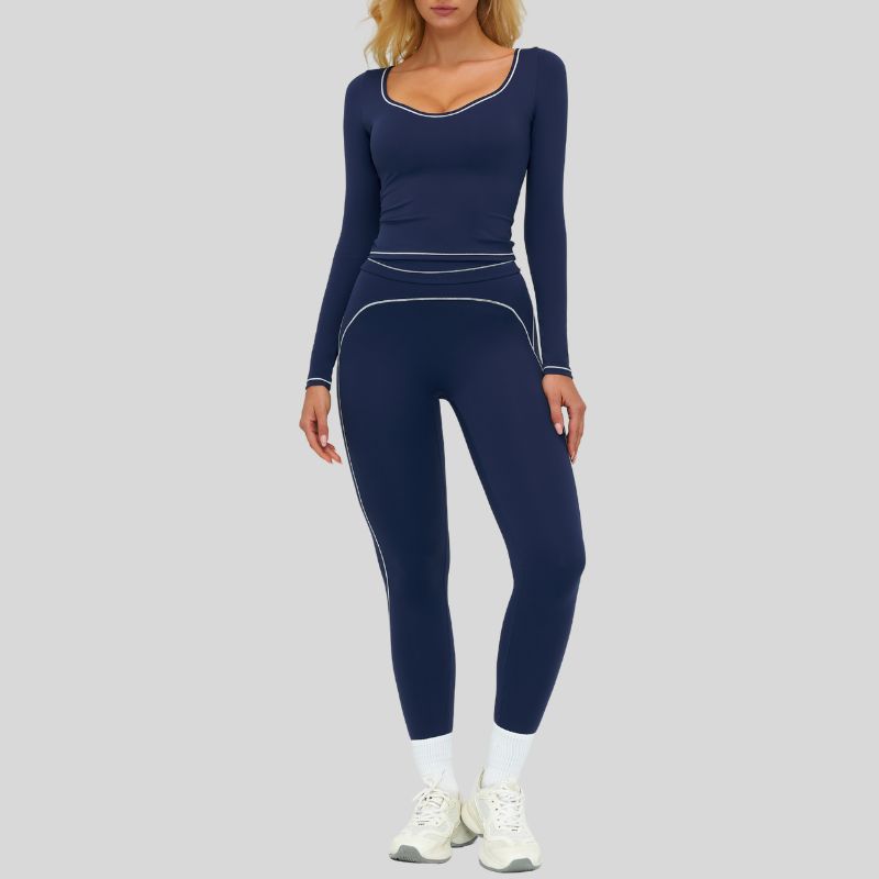 Color-blocked long-sleeved sports top+High waisted leggings 2-piece set