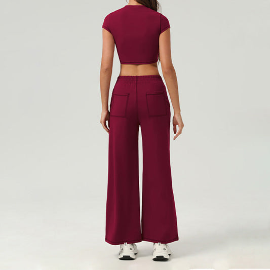 Quick-Dry short-sleeved sports yoga top+loose Straight Leg pants 2 pieces set