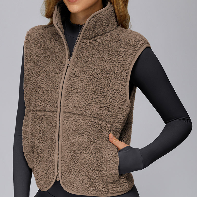 Stand collar plus velvet sleeveless zipper sports vest