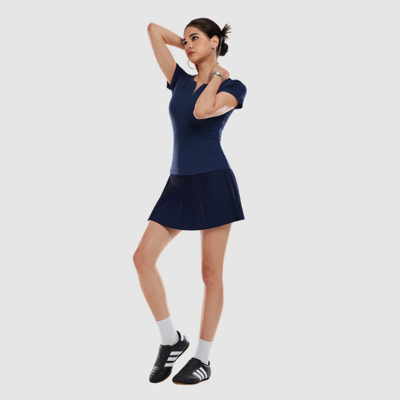 Wholesale Women's V-Neck Open-Back Short Sleeve Top & Pleated Skirt Set