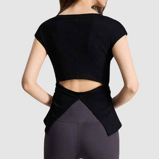 Wholesale Women's V-Neck Open-Back Short Sleeve Yoga T-Shirt – Pilates Bare-Feel Fitness Top