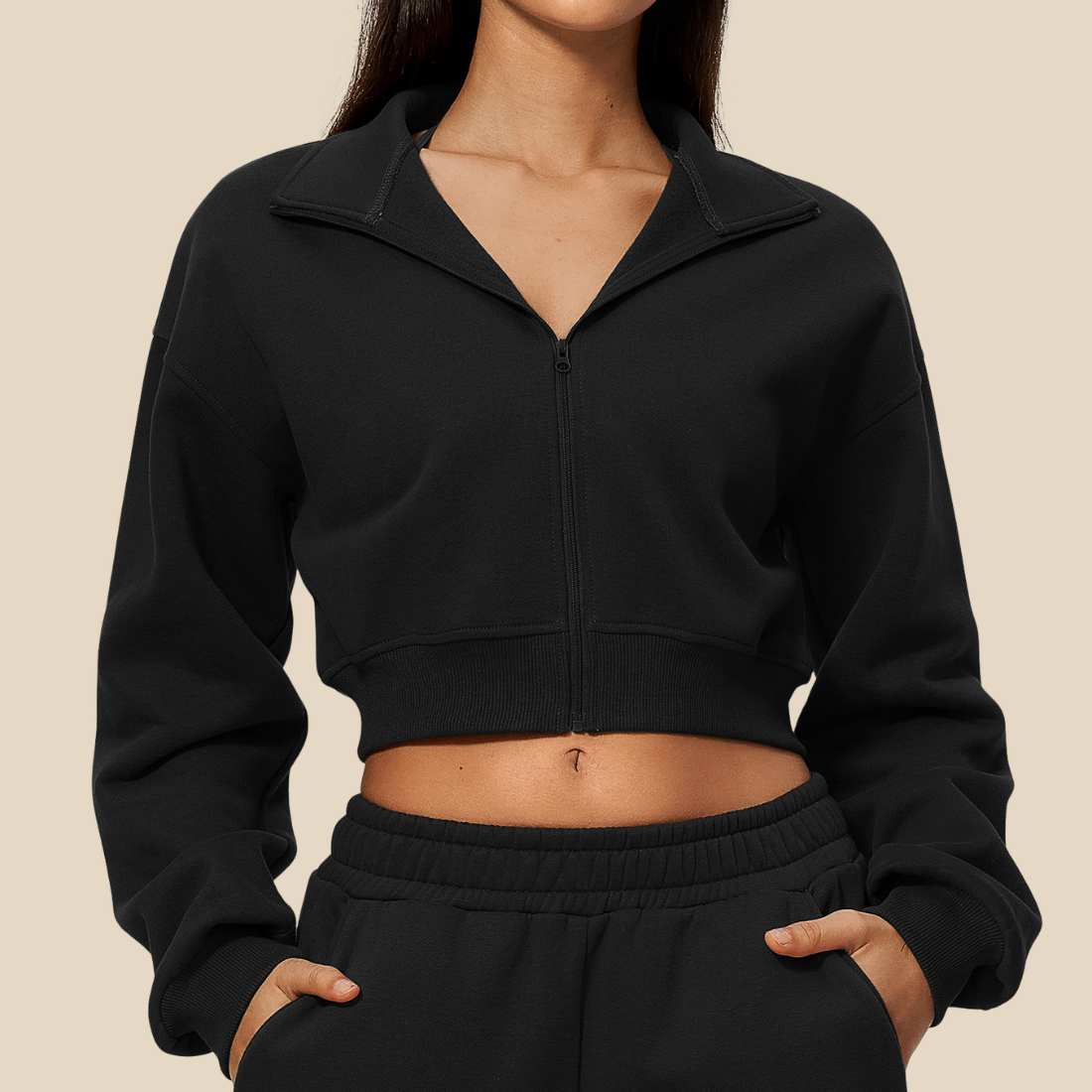 wholesale Women's Activewear Fleece-Lined Stand-Collar Zip Cropped Jacket