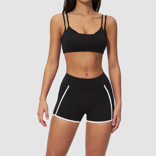 Wholesale Naked-Feel Stripe-Detail Sports Bra & High-Waist Biker Shorts Set – Sculpting Yoga 2-Piece