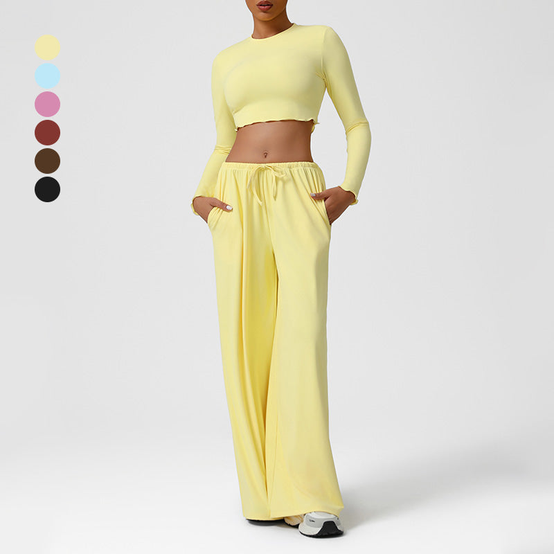 Snug-Fit Cropped Long Sleeves + Loose Drawstring Wide-Leg Pants 2-Piece Set