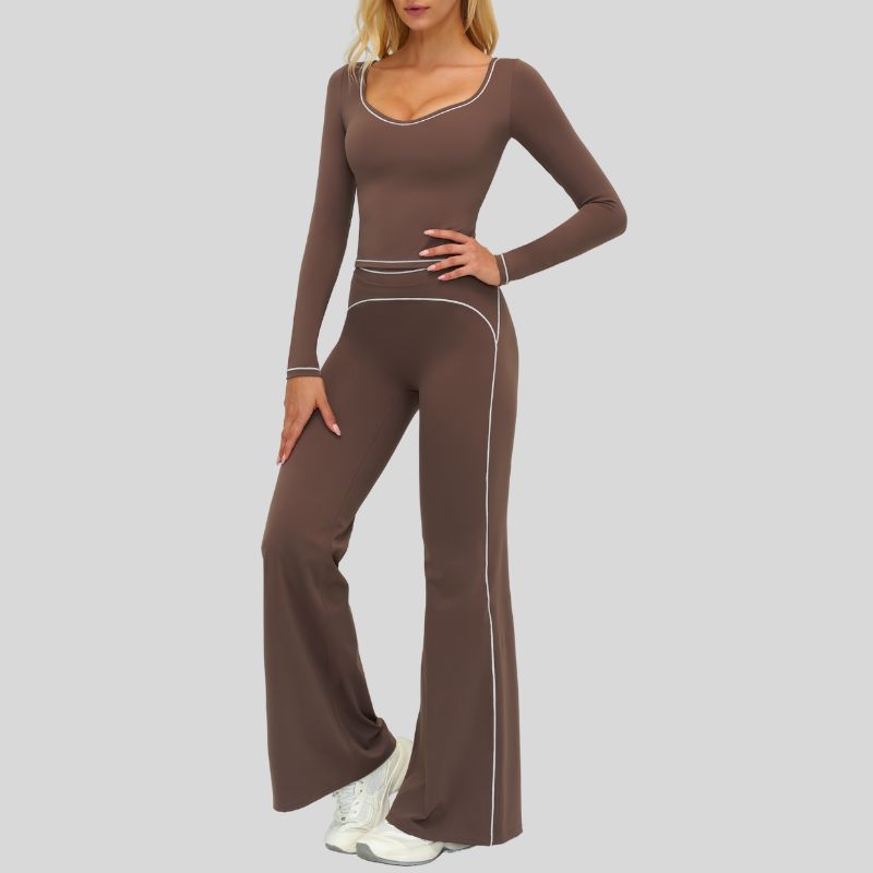 Color-blocked long-sleeved sports top+ High-waisted wide-leg pants 2-piece set