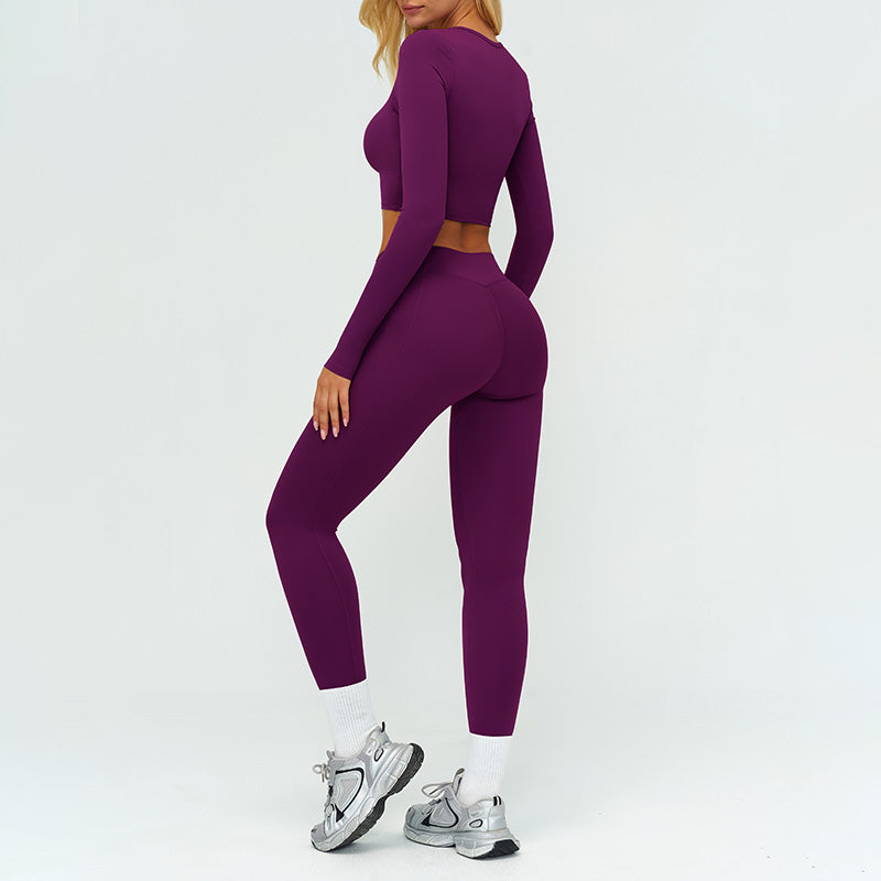 Slim-fitting long-sleeved top + tight-fitting athletic leggings 2-piece set
