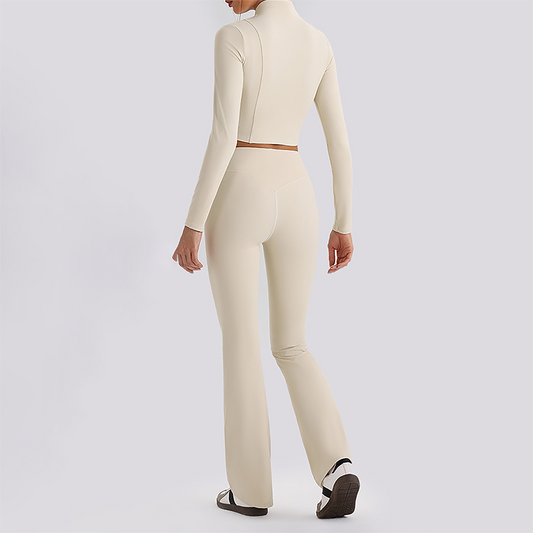 Wholesale Women's Zip-Up Long Sleeve Crop Top & High Waist Leggings Set