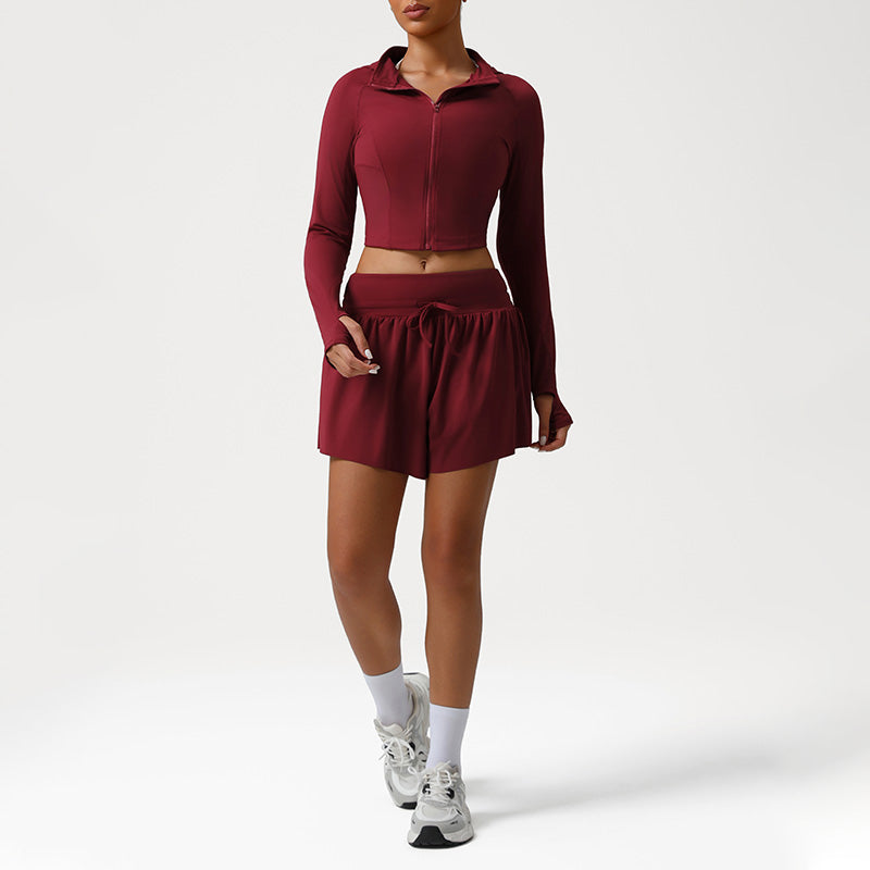 Snug-Fit Naked-Feel Hooded Jacket + High-waisted Loose Drawstring Shorts 2-Piece Set