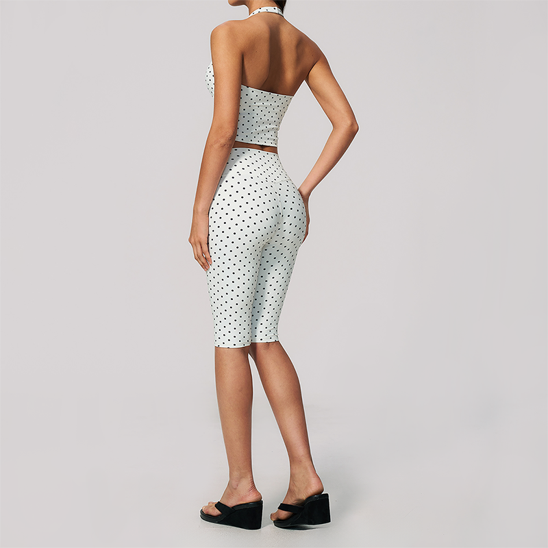 Wholesale Women's Deep V high-elastic polka-dot vest + high-waisted Capri Shorts Set