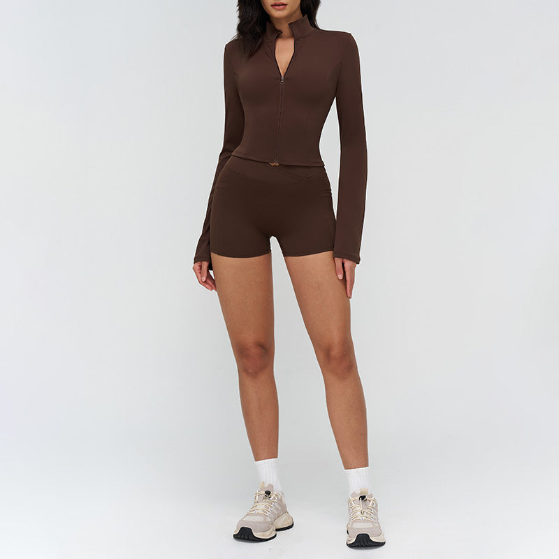 Stand-up collar yoga jacket + side pocket design shorts 2-piece set
