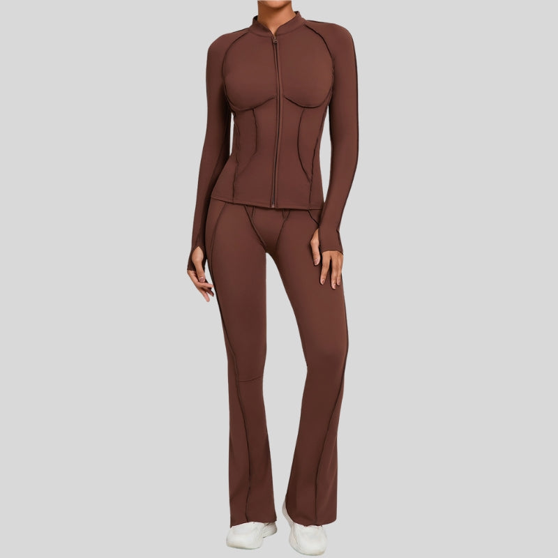 Thumb-buckle zipper jacket + slightly flared pants + sports bra 3-piece set