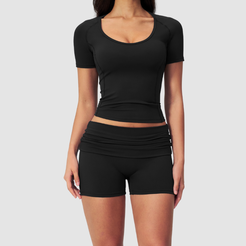 Wholesale short-sleeved tops and high-waisted fold-over shorts sets