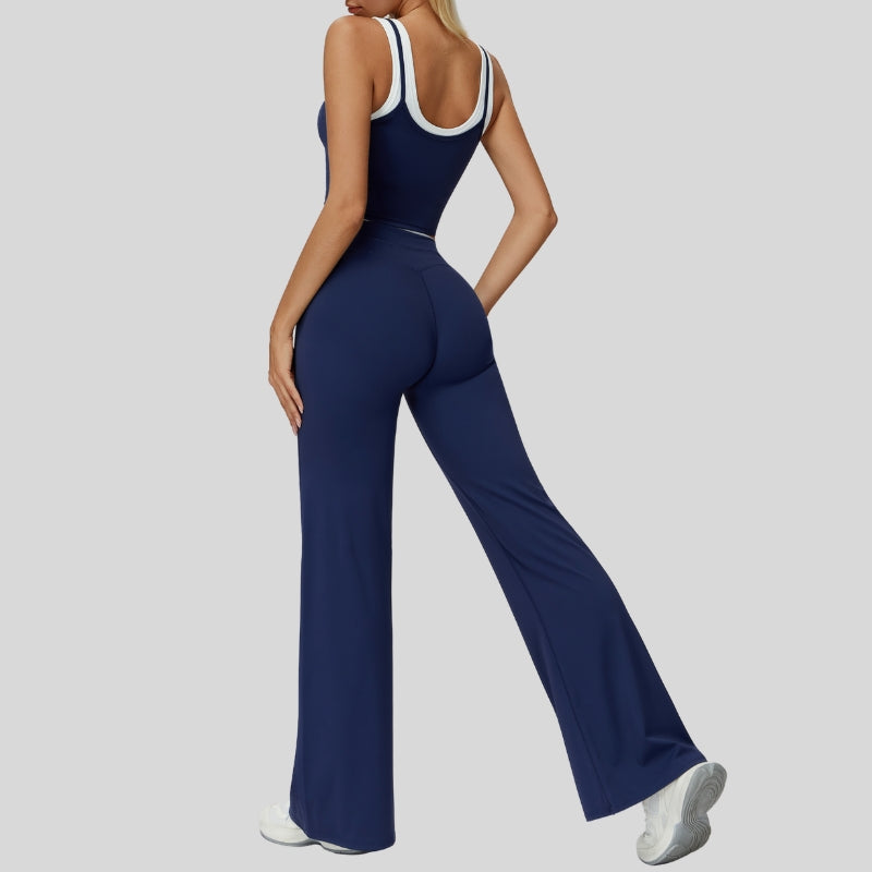 Two-piece contrasting sports tank top+port slightly flared pants 2-piece set