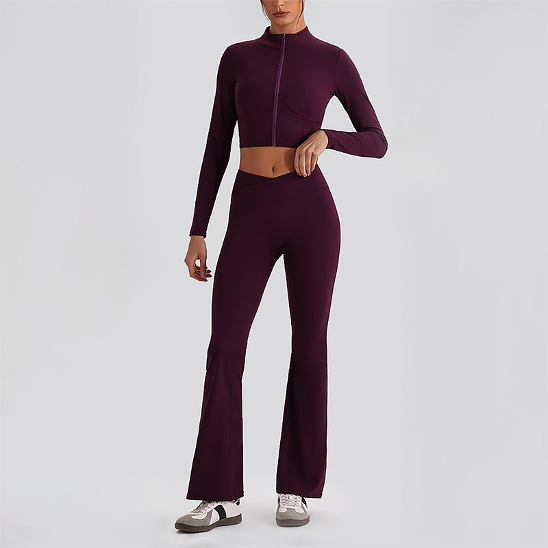 Wholesale Women's Zip-Up Long Sleeve Crop Top & High Waist Leggings Set