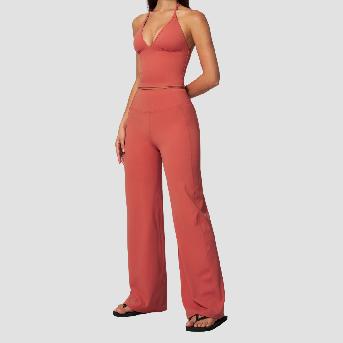 Wholesale Deep V Halter Neck Sweat-Wicking Breathable Fashion Casual Flared Fitness Set