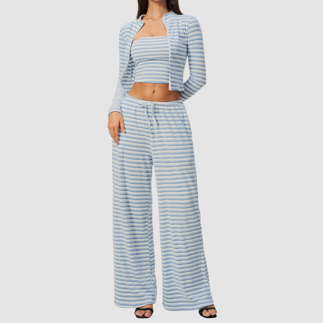Wholesale Women's Stripe Yoga Bra & Wide-Leg Pants & Jacket 3-Piece Set