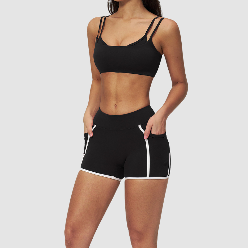 Wholesale Naked-Feel Stripe-Detail Sports Bra & High-Waist Biker Shorts Set – Sculpting Yoga 2-Piece