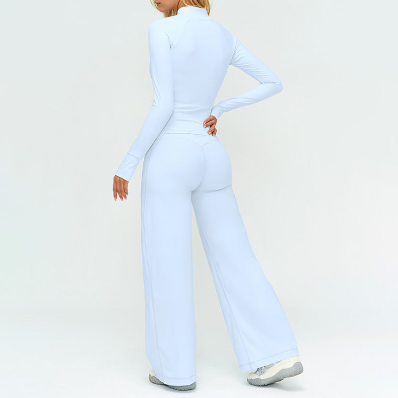 Stand collar zipper jacket + high-waisted loose wide-leg pants 2-piece set