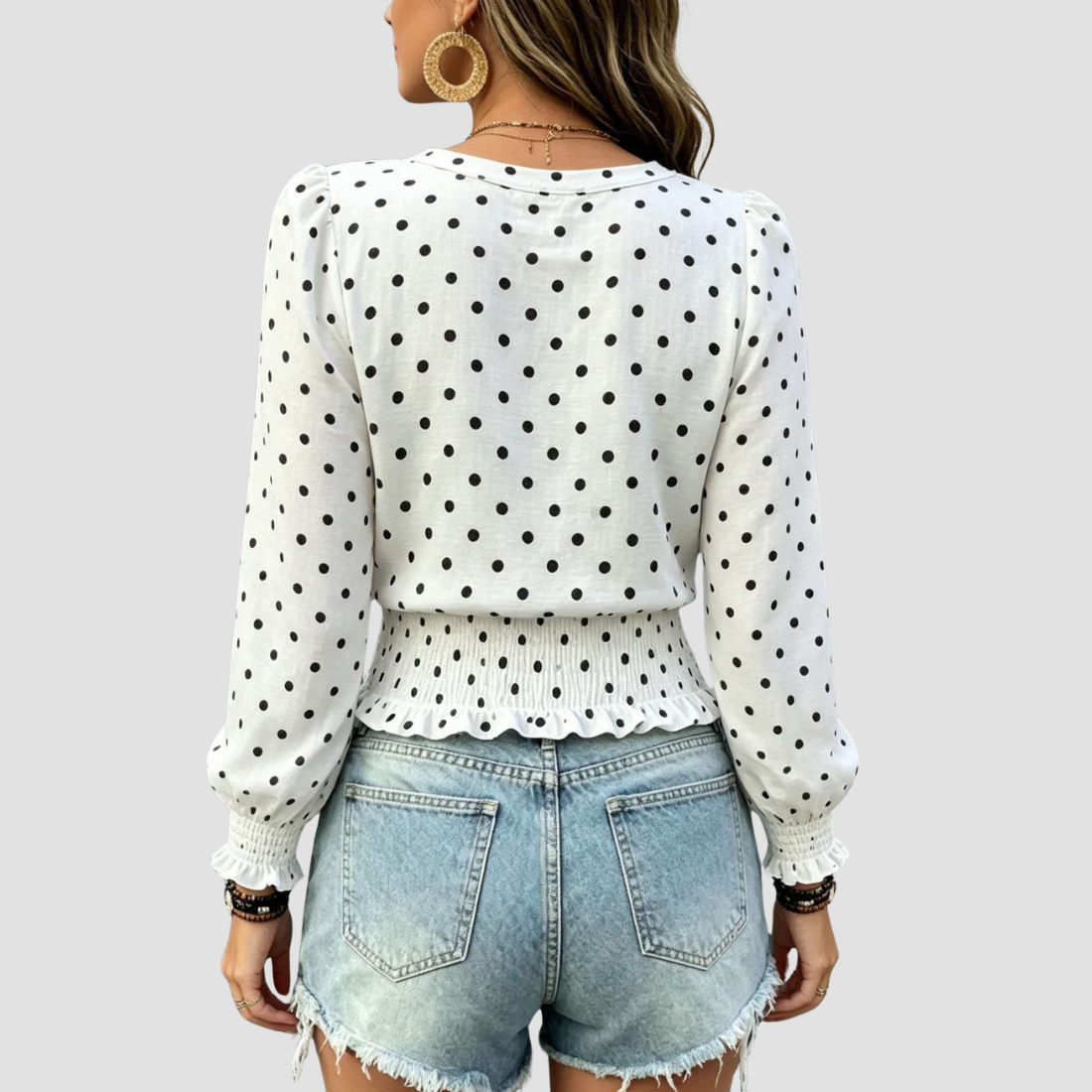 Wholesale Women's Round neck printed polka dot long sleeve V-neck fashionable casual top