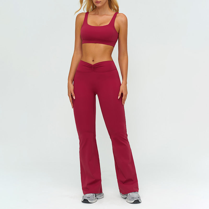 Square neckline backless sports bra+High-waisted flared pants 2-piece set